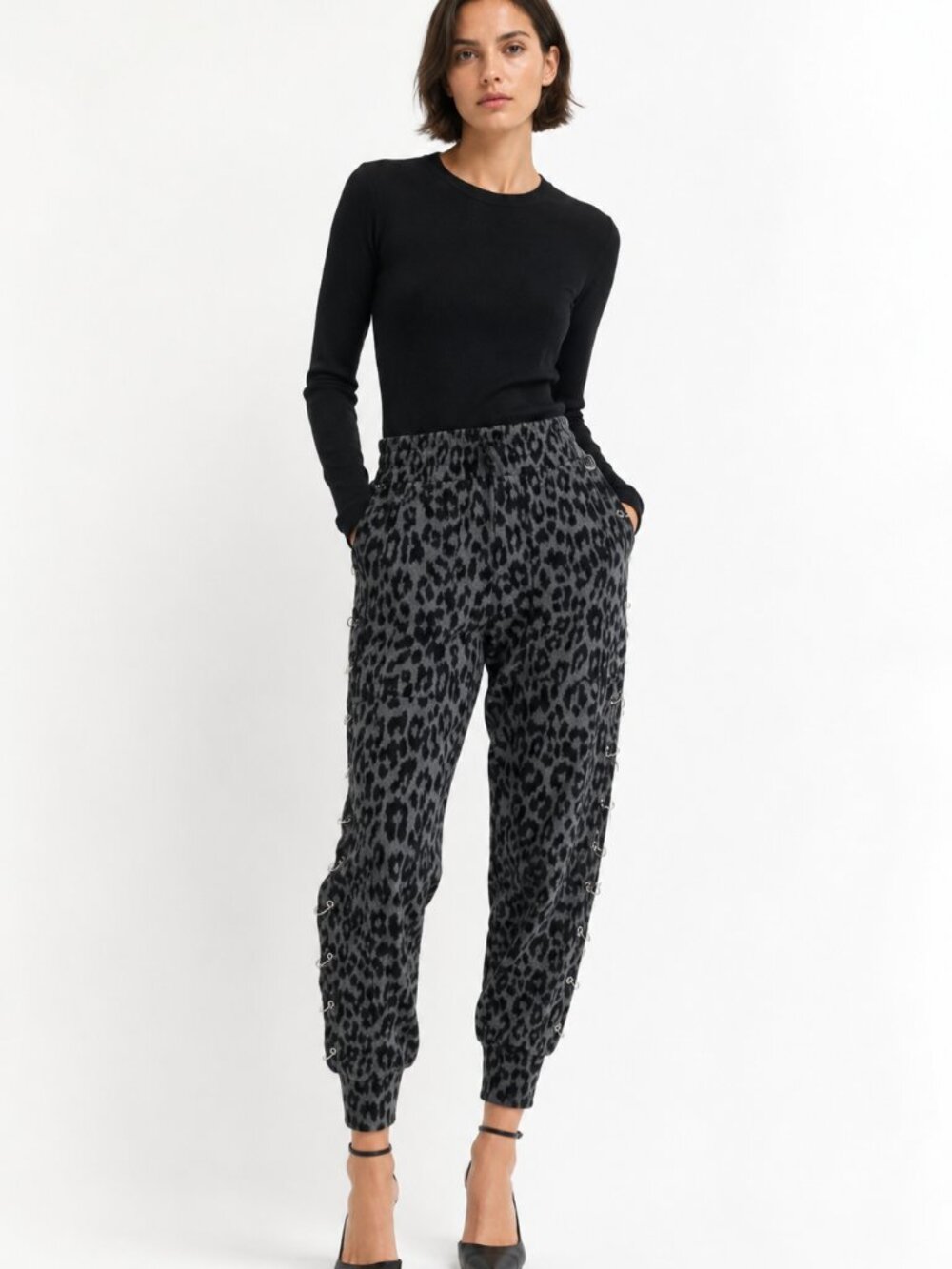 THE KOOPLES X SPORT GREY BLACK CHEETAH METALLIC CUT OUT FLEECE JOGGERS - M